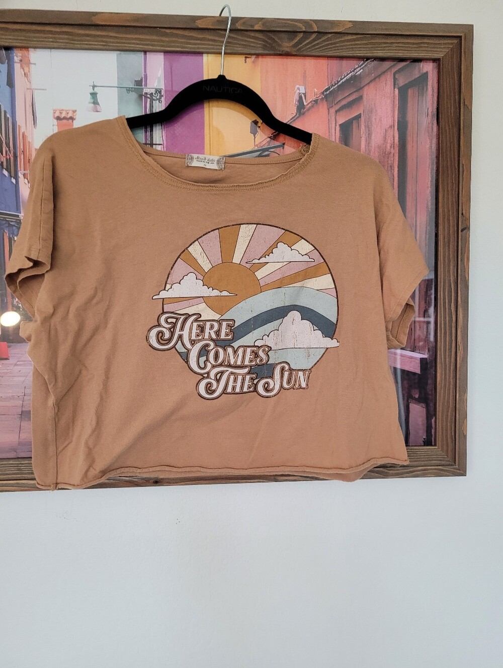 Altar'd State Tan Graphic Crop Top with Retro Sun Medium
